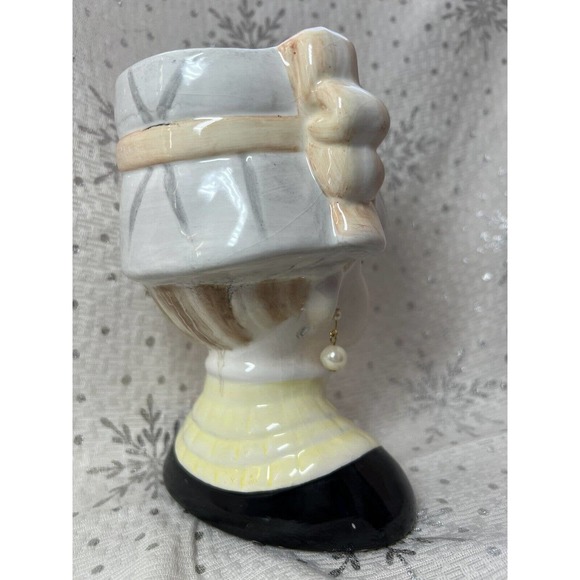 VINTAGE REPRODUCTION LADY HEAD VASE, Earrings & Hat, 8” - Picture 5 of 8
